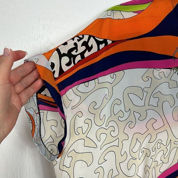 Analili Silk Colorful Short Sleeve Drawstring Relaxed Fit Tunic Top One Size - Picture 2 of 8